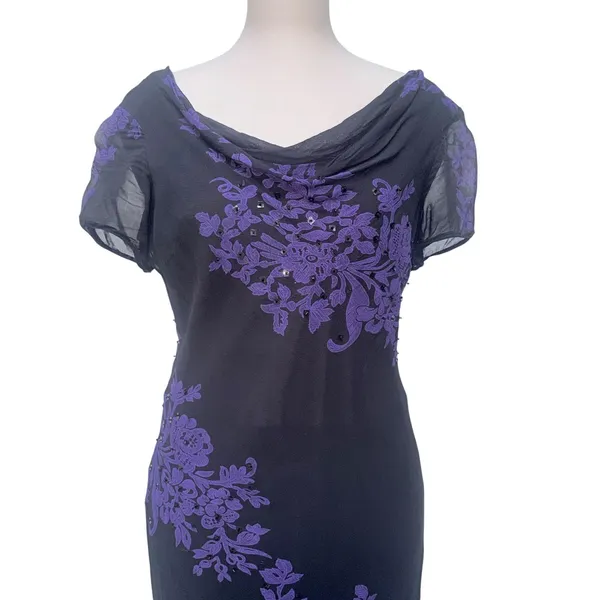 VTG Y2K Maxi Dress 8 Black Purple Beaded Floral Cowl Neck Whimsigoth Vampy‎ Goth - Image 2
