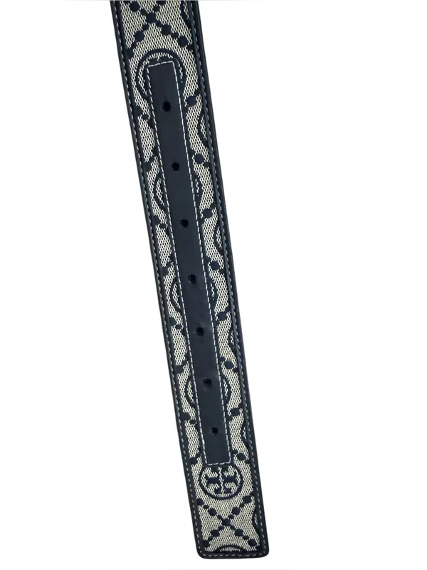 Tory Burch Black and Beige Logo Web Belt with Gold Medallion Buckle Size Small - Image 8
