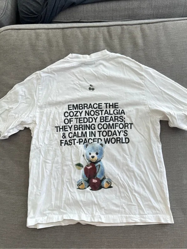Bershka White Graphic Oversized Tee with Blue Teddy & Red Apple Print - Image 4