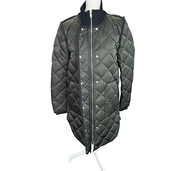 Theory Quilted Down Puffer Coat Olive Green Longline Jacket XS Petite - Image 3