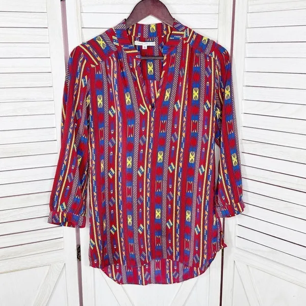 Amanda Uprichard Aztec Native Print Silk Tunic Blouse‎ Red Small - Image 8