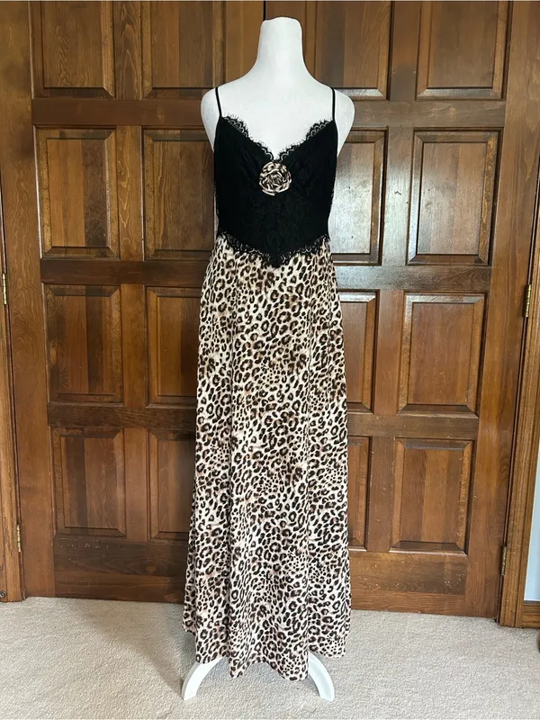 WAYF Leopard Print‎ Lace Trim Maxi Slip Dress Chemise Rosette Women's Size M - Image 3