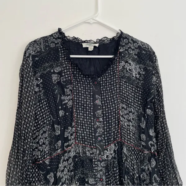 COLDWATER CREEK Black White Patchwork Floral Crinkle Button 3/4 Sleeve Blouse S - Image 3
