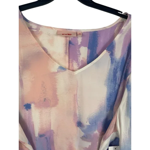 Evri Long Sleeve Semi Sheer Pink Blue Paint Look Tie Waist V-neck 3x Top NWT - Image 4