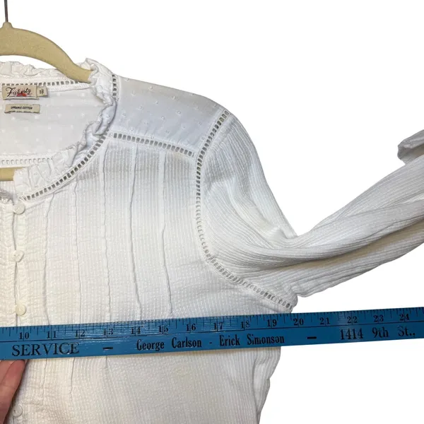 Faherty Willa Blouse White Organic Cotton Pintuck Ruffle Button Front Top Small‎ - Image 5