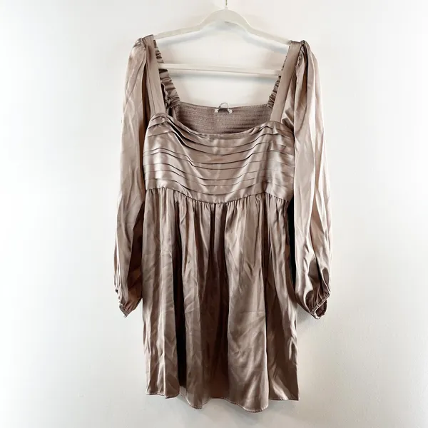 Abercrombie Emerson Long Balloon Puff Sleeve Satin Mini Babydoll Dress Gold XL P - Image 2