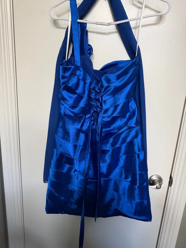 One-Shoulder Royal Blue Satin Party Dress with Embellishment - Image 4