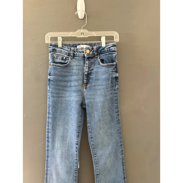 Zara Women High Waisted Flare Jeans Medium Wash‎ Blue Size 4 Slim Fit Denim Tall - Image 3