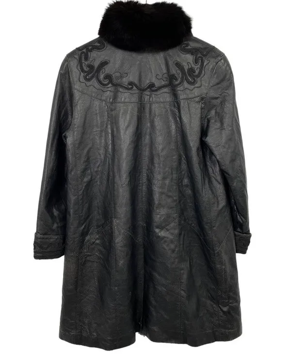 Vintage Leather Penny Lane Style Long Coat Black Real Fur Trim Womens Small - Image 3