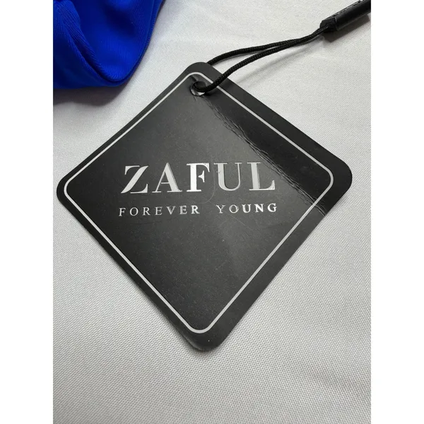Zaful Womens Two Piece Bikini Set Royal Blue Front Knot Top Black High Waist S - Image 11