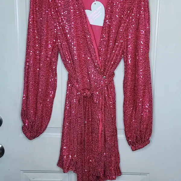 NWT Body Love Hot Pink Sequin Wrap Long Sleeve Party Dress LG holiday bling midi - Image 2