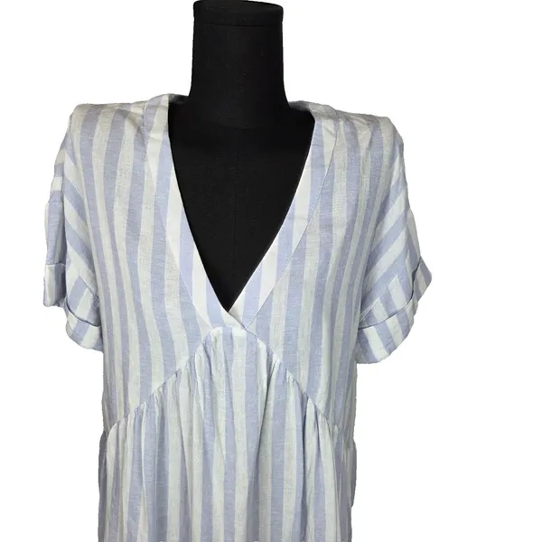 Cupio Babydoll Dress Linen Blend Blue White Stripe Medium Coastal Cottagecore - Image 3