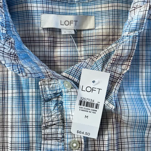 Ann Taylor NWT LOFT Blue Plaid Ruffle Button Down Blouse | Women’s Medium - Image 3