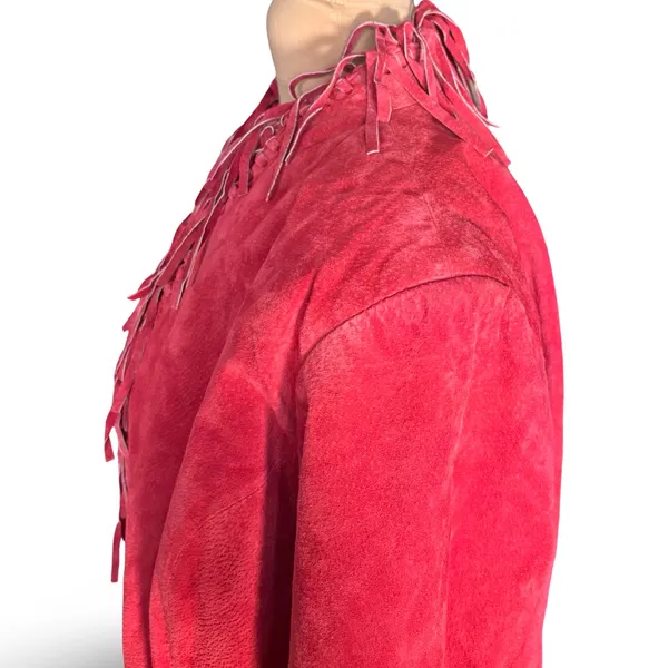 Vintage Red Suede‎ Leather Fringe Jacket Western Boho Statement Festival Piece - Image 5