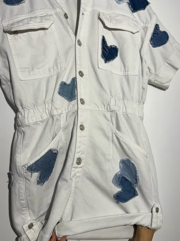 We The Free White Patchwork Denim Shortalls with Light Blue Heart Patch - Image 13