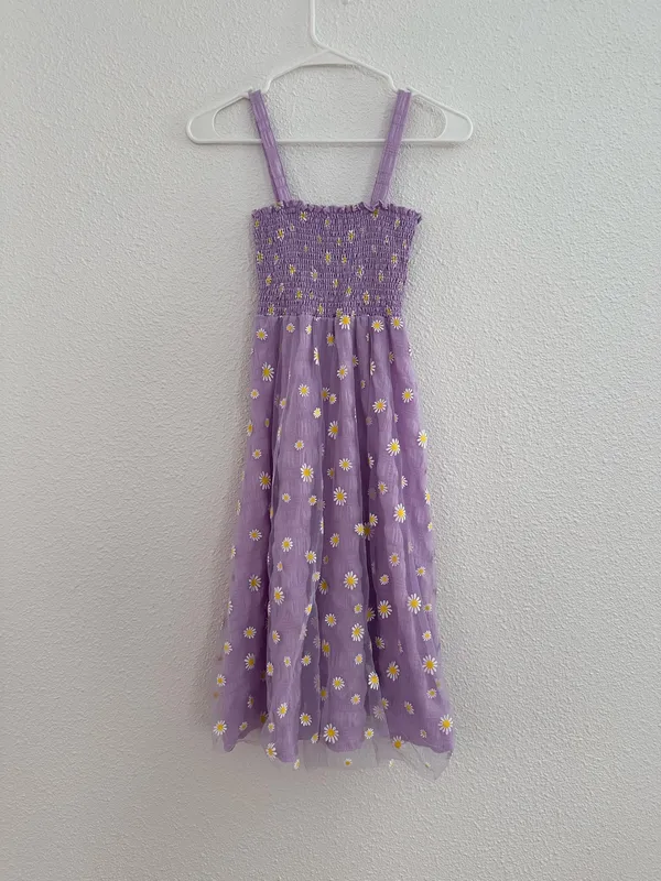 purple yellow daisy organza ruched summer sundress - Image 2
