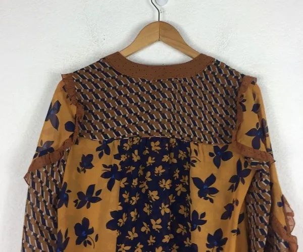 Cabi Harmony Gold Navy Ruffle Floral Peasant Semi Sheer Blouse Top XS - Image 13