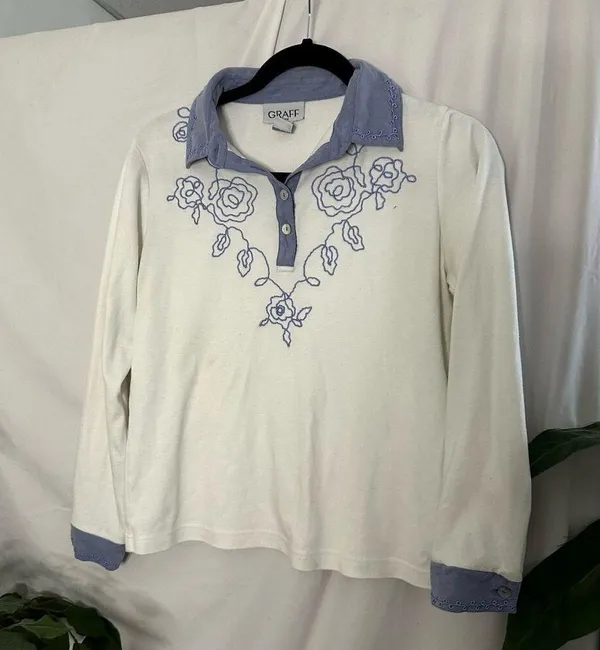 Vintage Embroidered Western Long Sleeve Polo Top White Size PS - Image 4