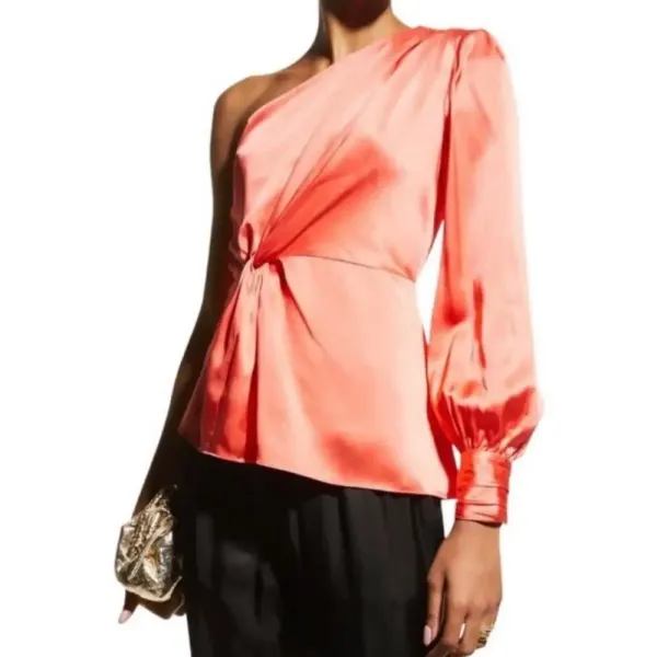 CINQ A SEPT NWT Stace Silk One Shoulder Blouse in‎ Coral Going Out Date Looks - Image 2