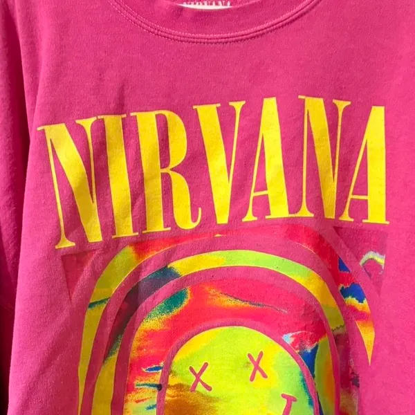 Nirvana Smiley Face Sweatshirt; Nirvana Aesthetic Pink Rainbow Unisex Sweatshirt - Image 4