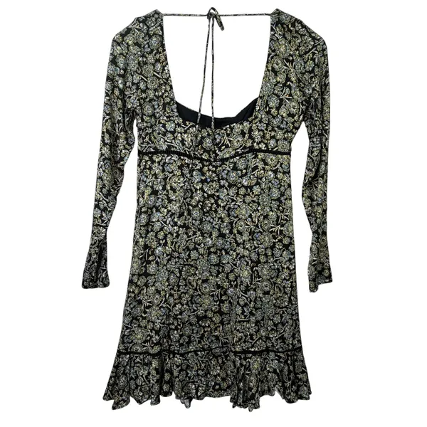 Free People Bohemian Mini Dress Black‎ Floral Babydoll Long Sleeve Womens 0 - Image 5