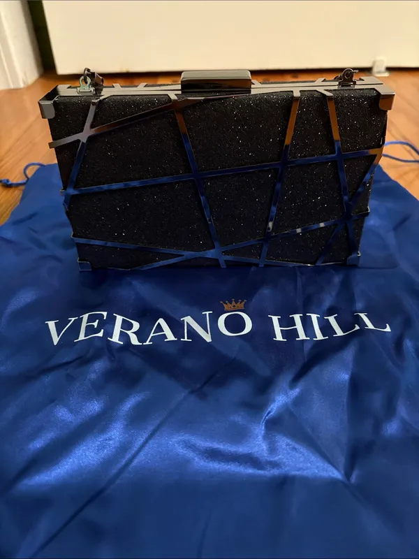 Verano Hill Black Glitter Evening Clutch with Chain - Image 2