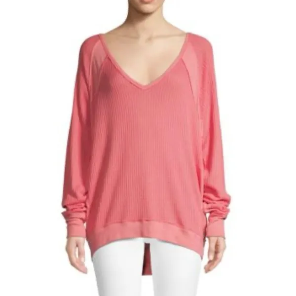 FREE PEOPLE Women's Large Santa Clara Oversized V Neck Thermal Sweater Top Pink - Image 13