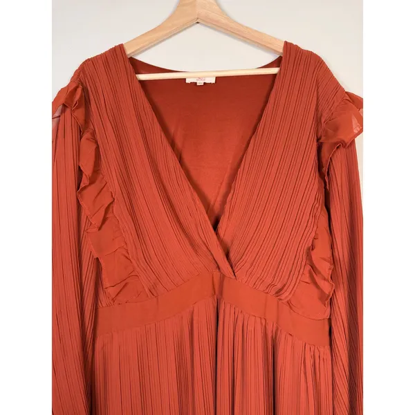 Girl Soul Rust‎ Orange Pleated Ruffle V Neck Long Sleeve Maxi Dress Plus Size 3X - Image 2
