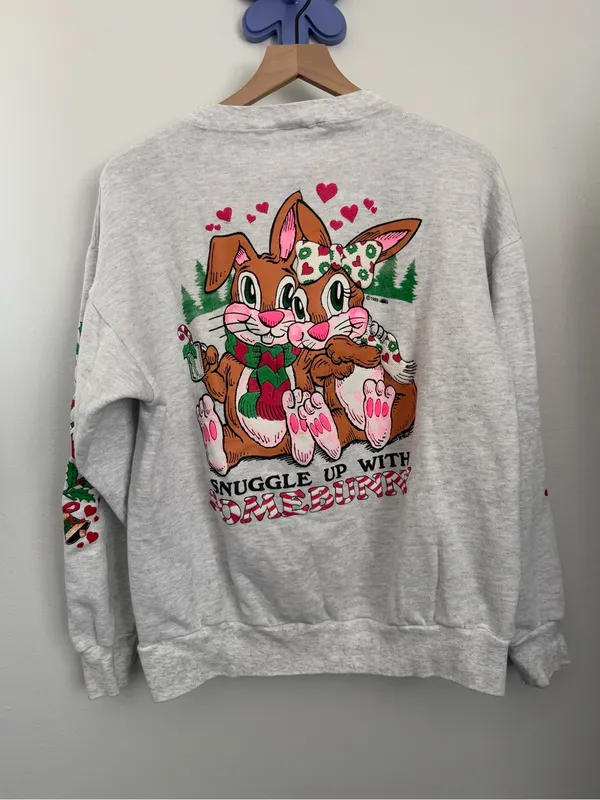 90s Vintage XL Christmas Holiday Sweatshirt Bunnies Coco Love Grey Crew Neck - Image 4