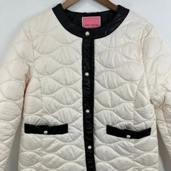 Kate Spade‎ Quilted Puffer Coat Jacket Ivory Black Trim Pearl Buttons Size L - Image 2