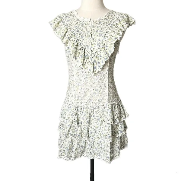 LoveShackFancy Lunetta Floral Eyelet Ruffle Mini Dress White Garden Stream Sz 4 - Image 2