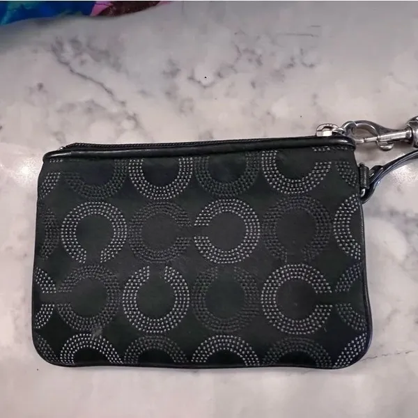Coach Black‎ Op Art Dotted C Jacquard Wristlet Leather Trim Silver Logo Bag - Image 3