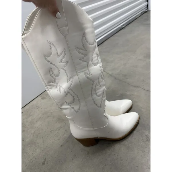 Women's White Western Cowboy Cowgirl Knee-High Boots Pointed Toe Embroidered - 9 - Image 10