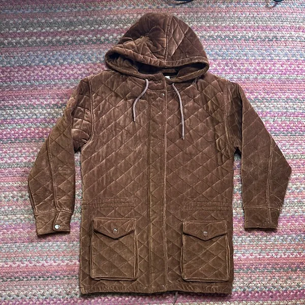 VINTAGE Brown CORDUROY Quilted Women's ZIP UP HOODED WARM Jacket - Image 6