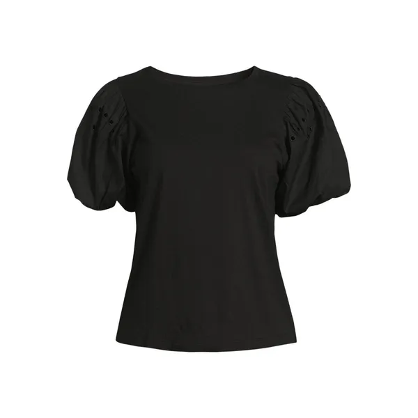 Free Assembly Womens T-Shirt Size L Black Embroidered Balloon Sleeves Elegant - Image 2
