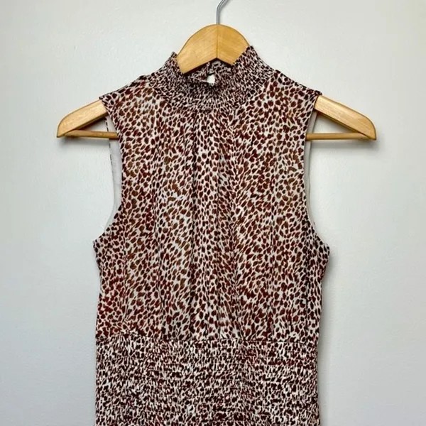 1.State‎ Animal Print Chiffon Smocked Mock Neck Dress in Brown Taupe - Image 4