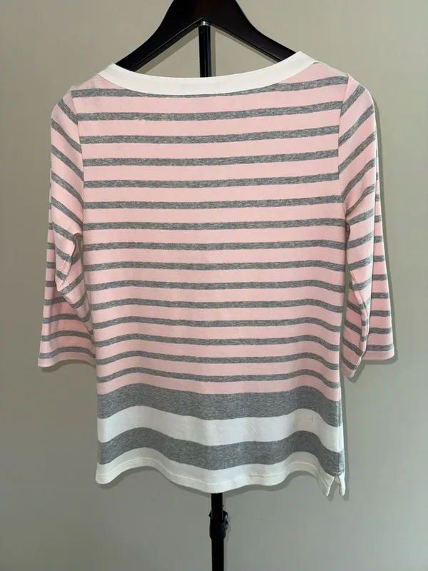 Tommy Hilfiger Pink and Grey Striped Boat Neck 3/4 Sleeve Top size-M - Image 3