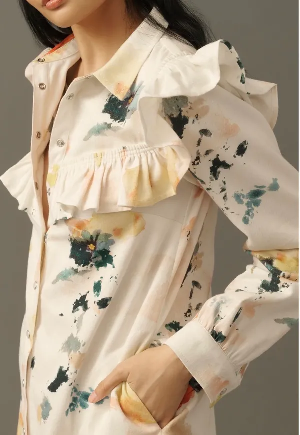 Anthropologie Pilcro Long-Sleeve Ruffled Denim Mini Shirt Dress, Size XS - Image 5