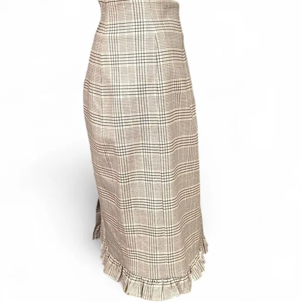 NWOT! Tailored Rebecca Taylor Tan Plaid Midi Skirt Size 12 Womens Ruffle Hem - Image 3
