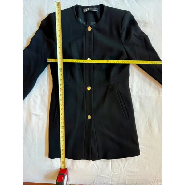 Zara Black Frock Coat Large Collarless Gold Snap Button Longline Blazer Jacket - Image 3