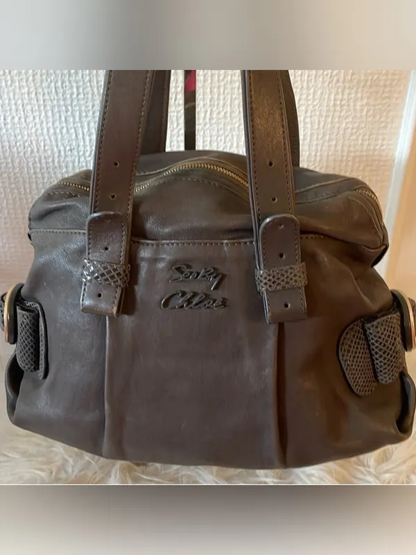 See by Chloé Gray Brown Leather Shoulder Bag Snakeskin Trim - Image 2