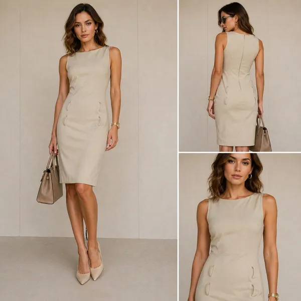 ZARA Women Beige Sleeveless Sheath Dress Boat Neck Belt Loop Detail Small NWT - Image 8