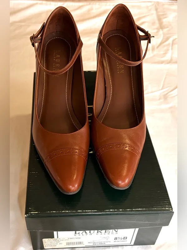 Lauren Ralph Lauren Belinda Cognac Brown Leather Mary Jane Heels Size 8.5 B - Image 3