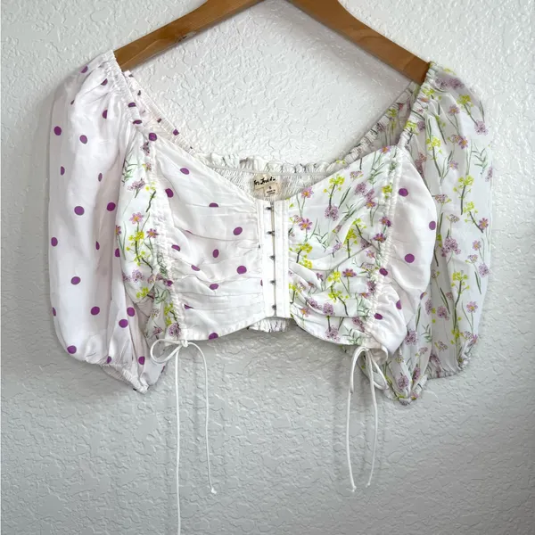 For Love And Lemons Strudel Floral Puff Sleeve Crop Top Floral Polka Dot S White - Image 3