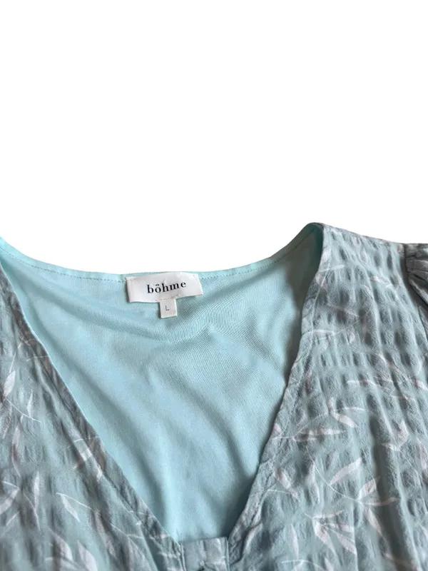 Bohme Mint Tiered Shift Dress Short Sleeve White Leaf Print Boho Size Large - Image 4