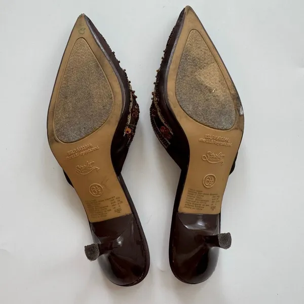 VTG Y2K Beaded Sequin Pointed Toe Chocolate Brown Kitten Heel Mule Size 6.5 - Image 7