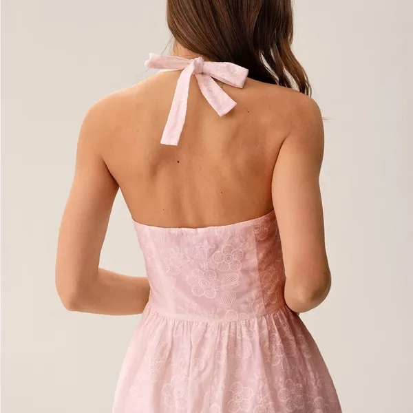 Rihoas Pink Embroidery Halter Midi Dress - Image 3