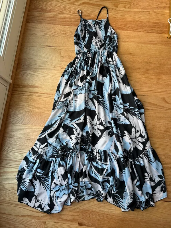 Free People Intimately Tropical Floral Smocked Halter Maxi Dress Black Blue S - Image 2