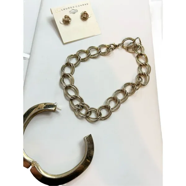Gold toned jewelry set of 3 - lauren Conrad earrings, double ring link chain nec - Image 8
