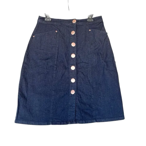 ModCloth Denim Skirt Large High Waisted Button Jean Retro 70s Dark Wash Preppy - Image 2